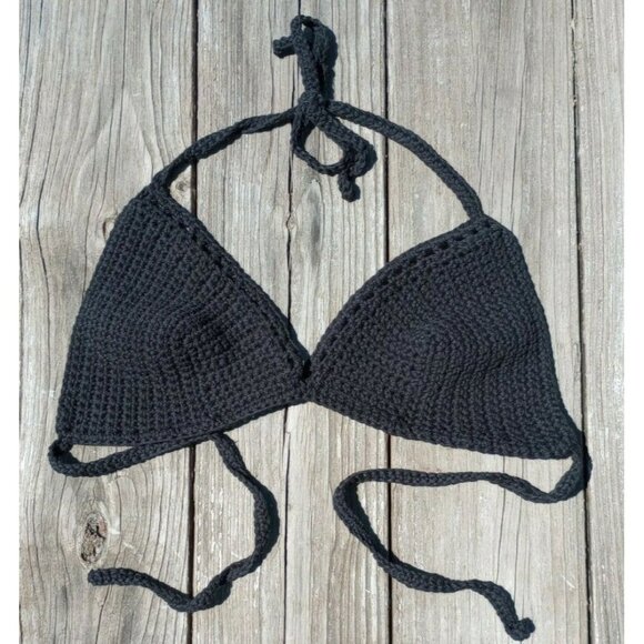 Womens Bikini Top Beach Crop Boho Goddess Sexy Bralette Black Handmade Crochet L - Picture 2 of 6